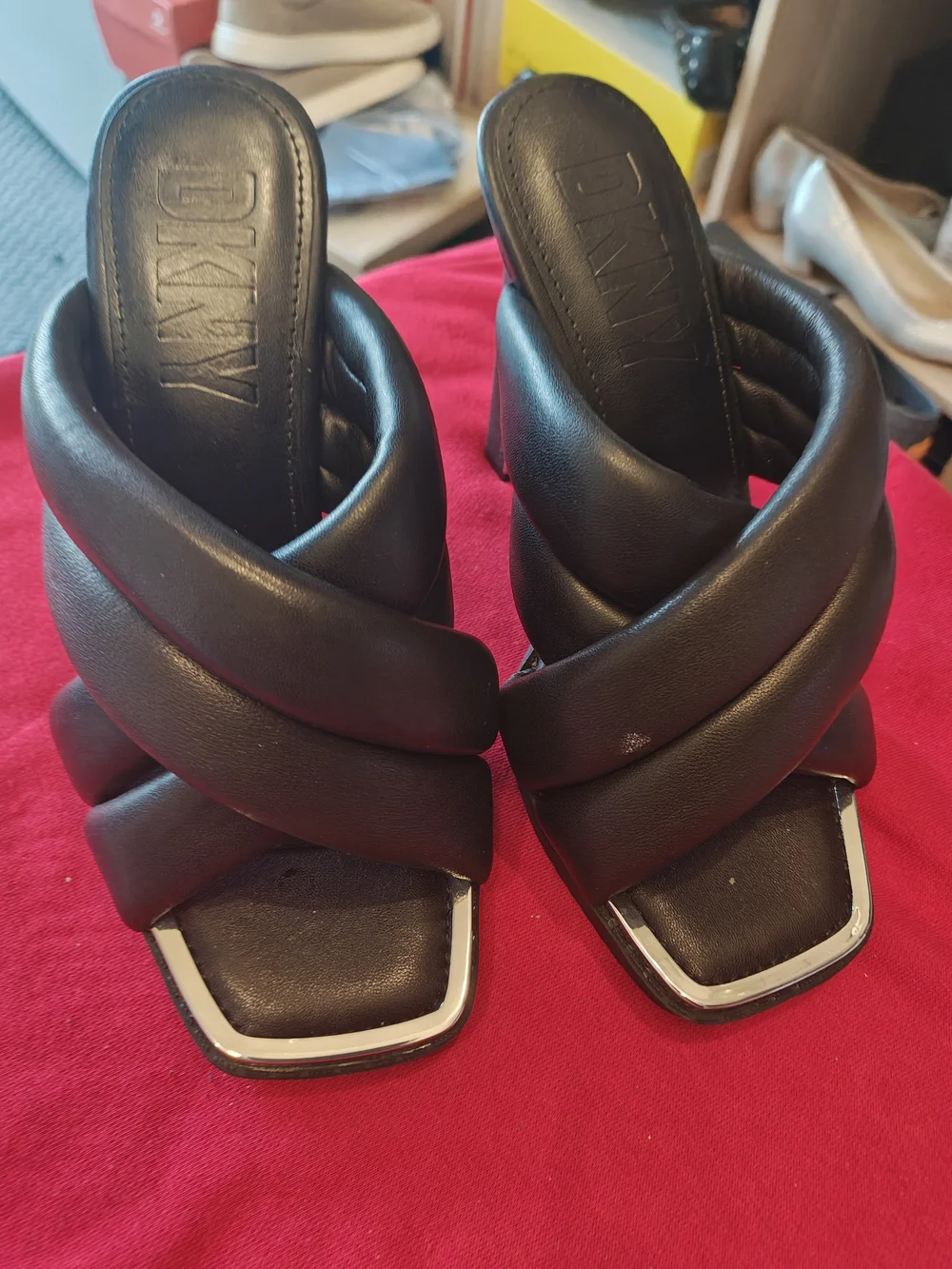 DKNY Black Padded Crossover Strap High Heel Mules 6